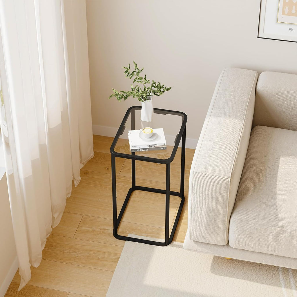 Garden 4 you Glass Side Table, Rectangle End Table with Metal Frame, Modern Bedside Table for Office, Bedroom, Living Room, Study, Small Spaces, Easy Assembly, 15.75 * 11.81 * 20.87 Inches, Black