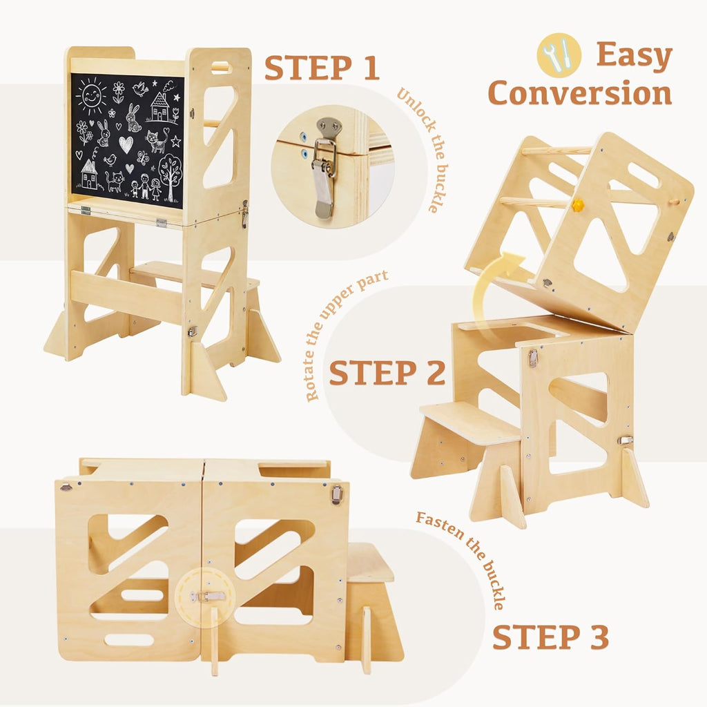 Toddler Kitchen Stool, 4 in 1 Foldable Toddler Tower with Anti-tip Structure, Montessori Learning Standing Tower for Kitchen Counter & Bathroom Sink, Kitchen Stool Helper for Kids 18M+