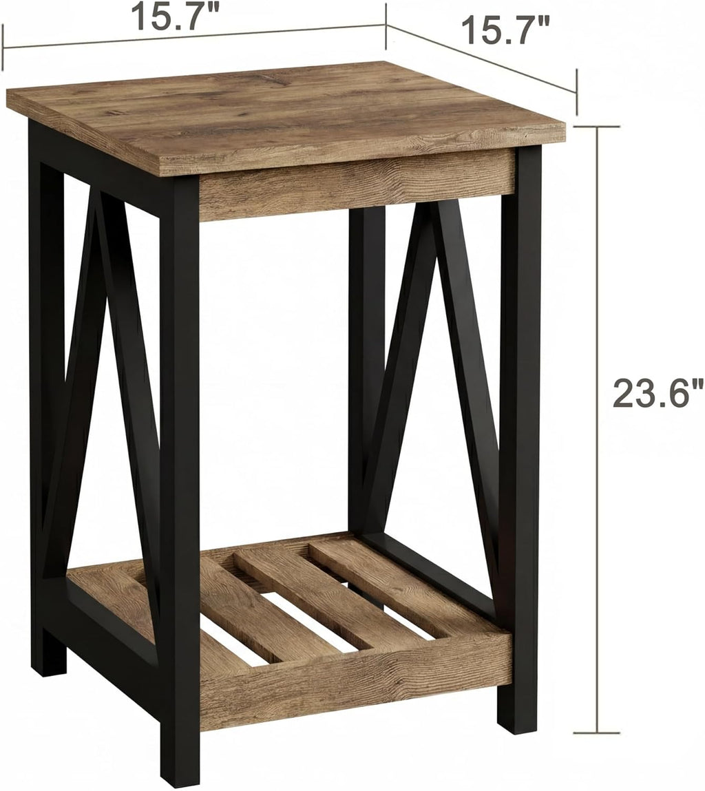 ChooChoo Farmhouse End Table, Rustic Vintage End Side Table with Storage Shelf for Small Spaces, Nightstand Sofa Table for Living Room, Bedroom,Rustic Oak & Black 2 Pack