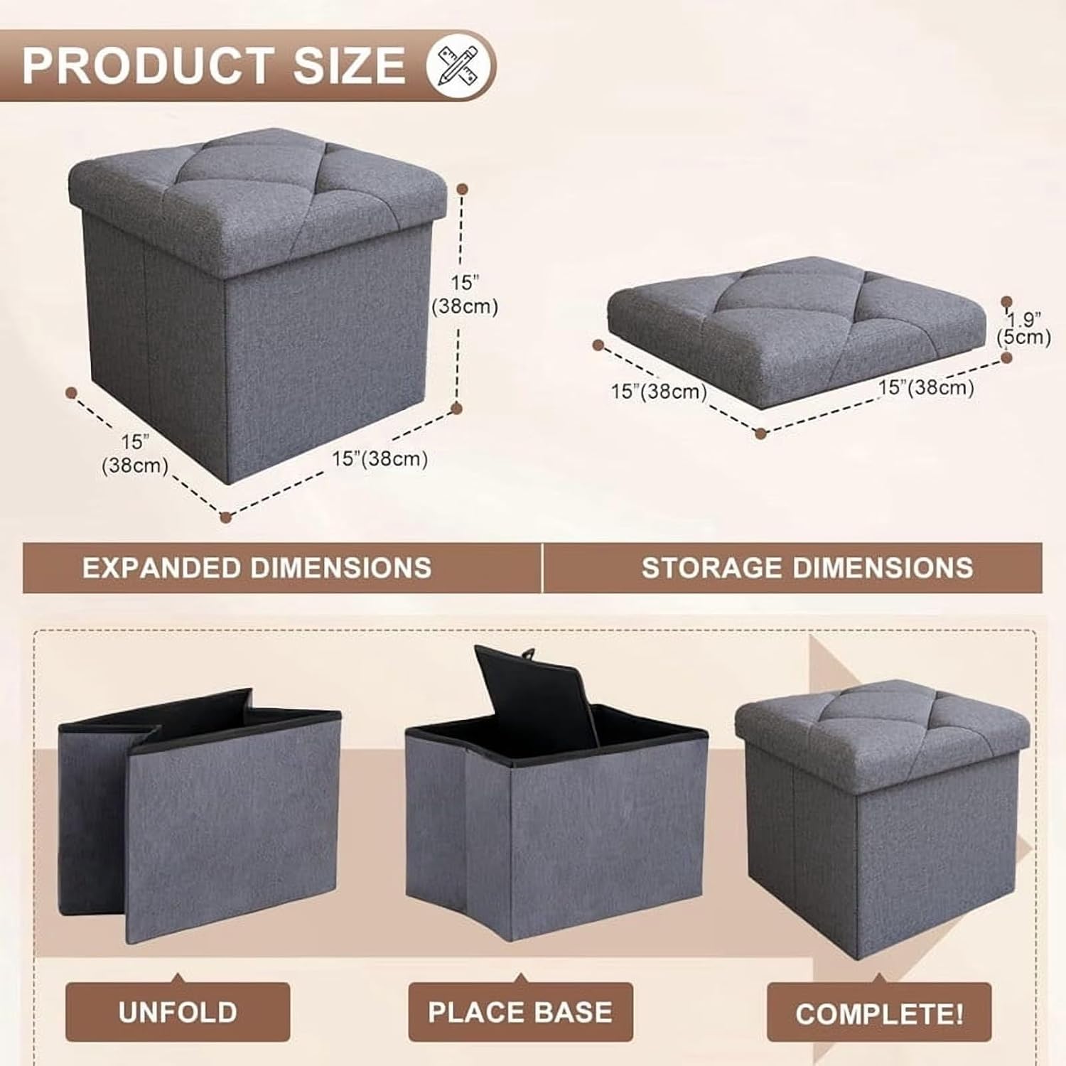 Storage Footstool, 15x15x15 inches, can Support up to 350 pounds. | Large capacity, sturdy, easy to maintain, and space-saving.