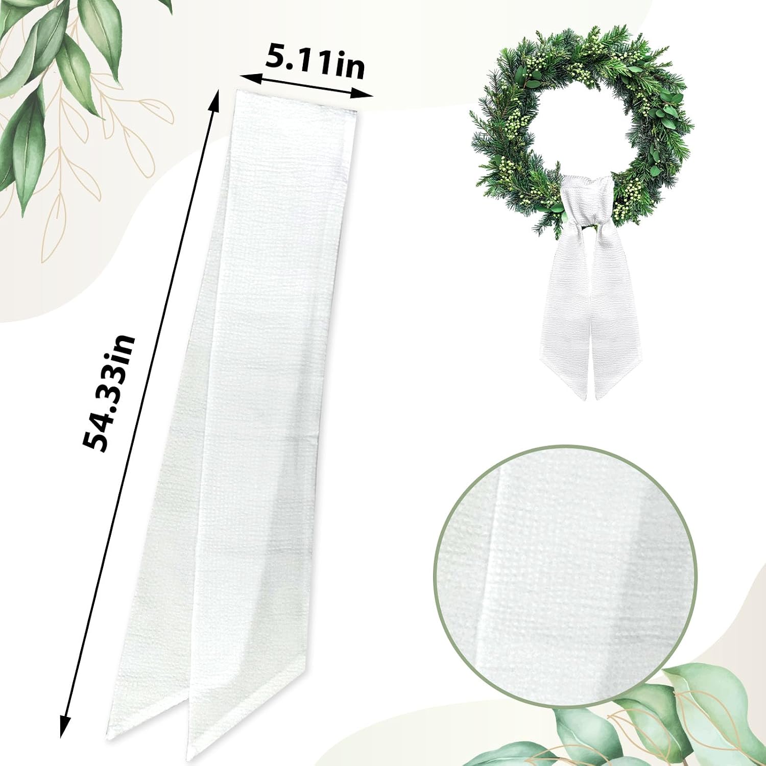 Wreath Sash for Front Door White Seersucker Wreath Satin Sash Burlap Garland Ribbon Accessories for Wreath Yard Doorway Indoor Outdoor Bow Bridal Shower Home Decor,5.1 x 54.3