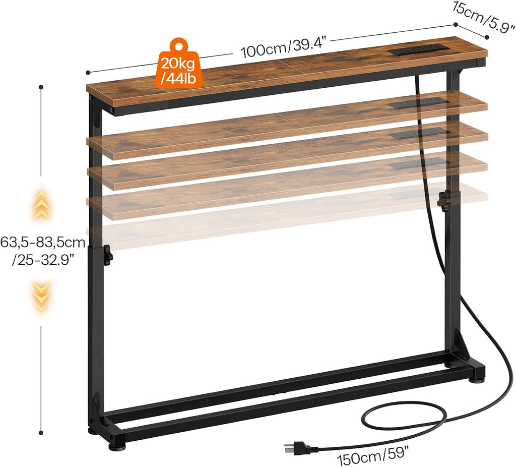 HOOBRO Narrow Console Table with Charging Station, Adjustable Height Sofa Table (25''-32.9''), Slim Behind Couch Table for Small Spaces, Entryway, Living Room, 39.4" Rustic Brown BF95UXG01