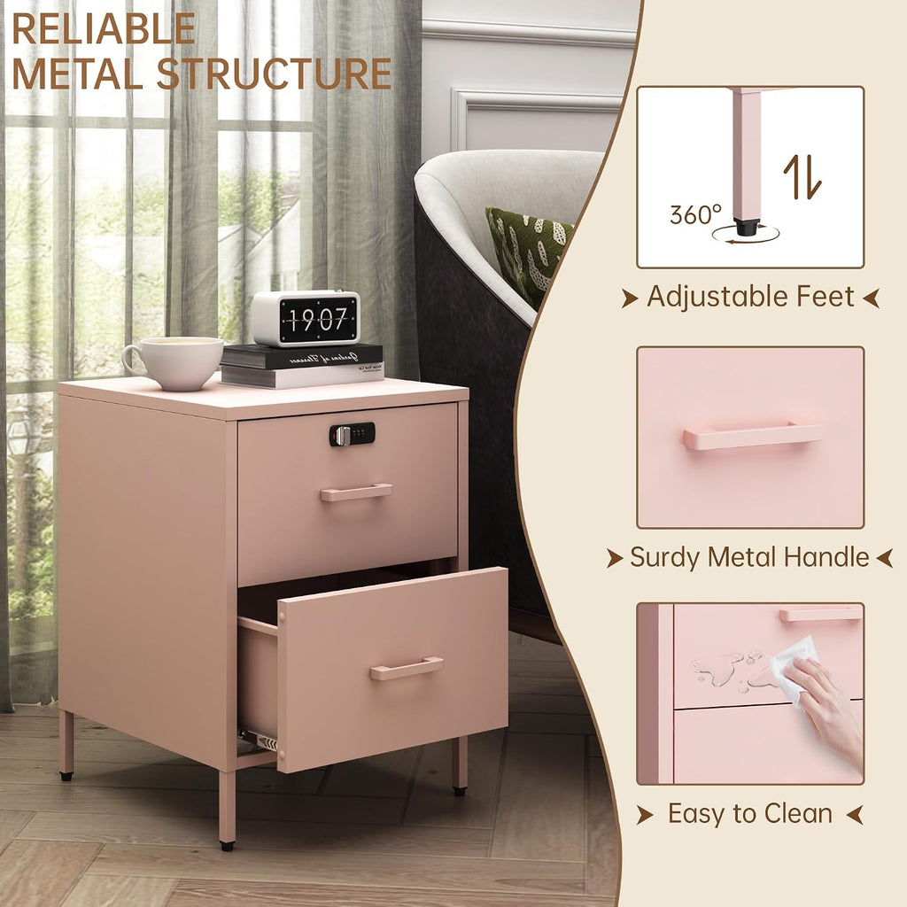Steehoom 2 Drawer End Side Table with Lock Metal Nightstand, Lockable Storage Cabinet Kids Cabinet for Living Room, Bedroom, Dorm, 21.26”H X 15.75”W X 15.75”D (2 Drawer, Pink)