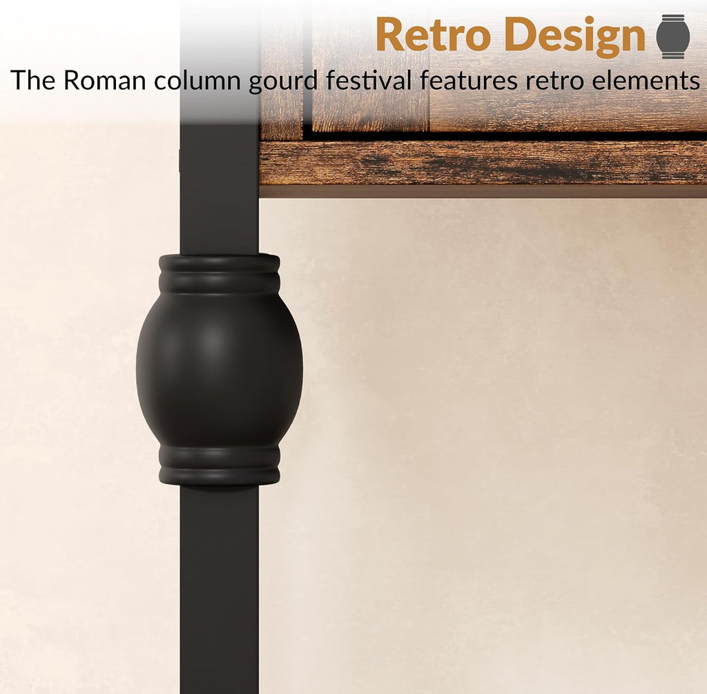 Roman Column End Table with Drawer, Vintage Industrial Side Table Nightstand, Retro Brown Single Drawer & Open Shelf Accent Table for Living Room, Bedroom, Office - Sturdy Metal & MDF Construction