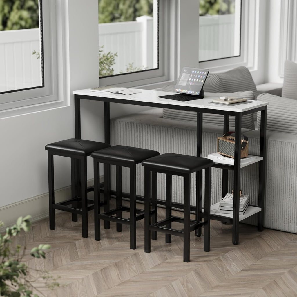 HUGROVE 4-Piece Counter Height Table with 3 PU Upholstered Bar Stools, 57.08" Faux Marble Table Top with Storage, Modern Bar Table and Chairs Set for Kitchen, Living Room, Small Space, Pub (Charcoal)