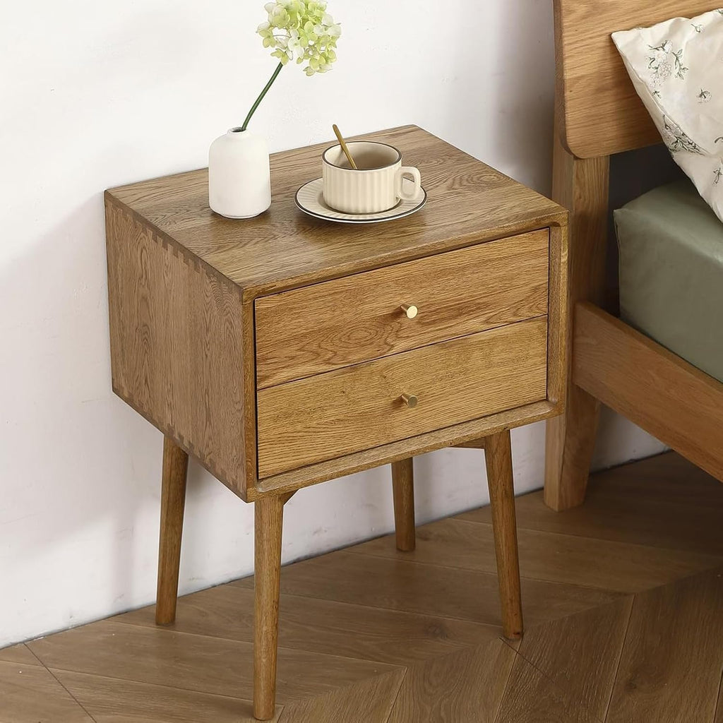 Solid Wood Bedside Table Nightstands, Mid-Century Natural Oak Modern End Table with Drawers Vintage Aesthetic Durable Real Wooden Cabinet Organizer for Bedroom, Light Walnut Color