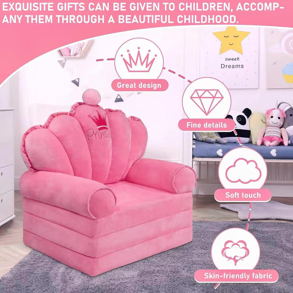 Pink Princess Toddler Couch, 2-in-1 Foldable Sofa Bed & Chair for Kids 1-5, Space-Saving for Small Rooms, Fits Multiple Spaces, Flexible Layout, Comfy Crystal Velvet, Playroom Gift
