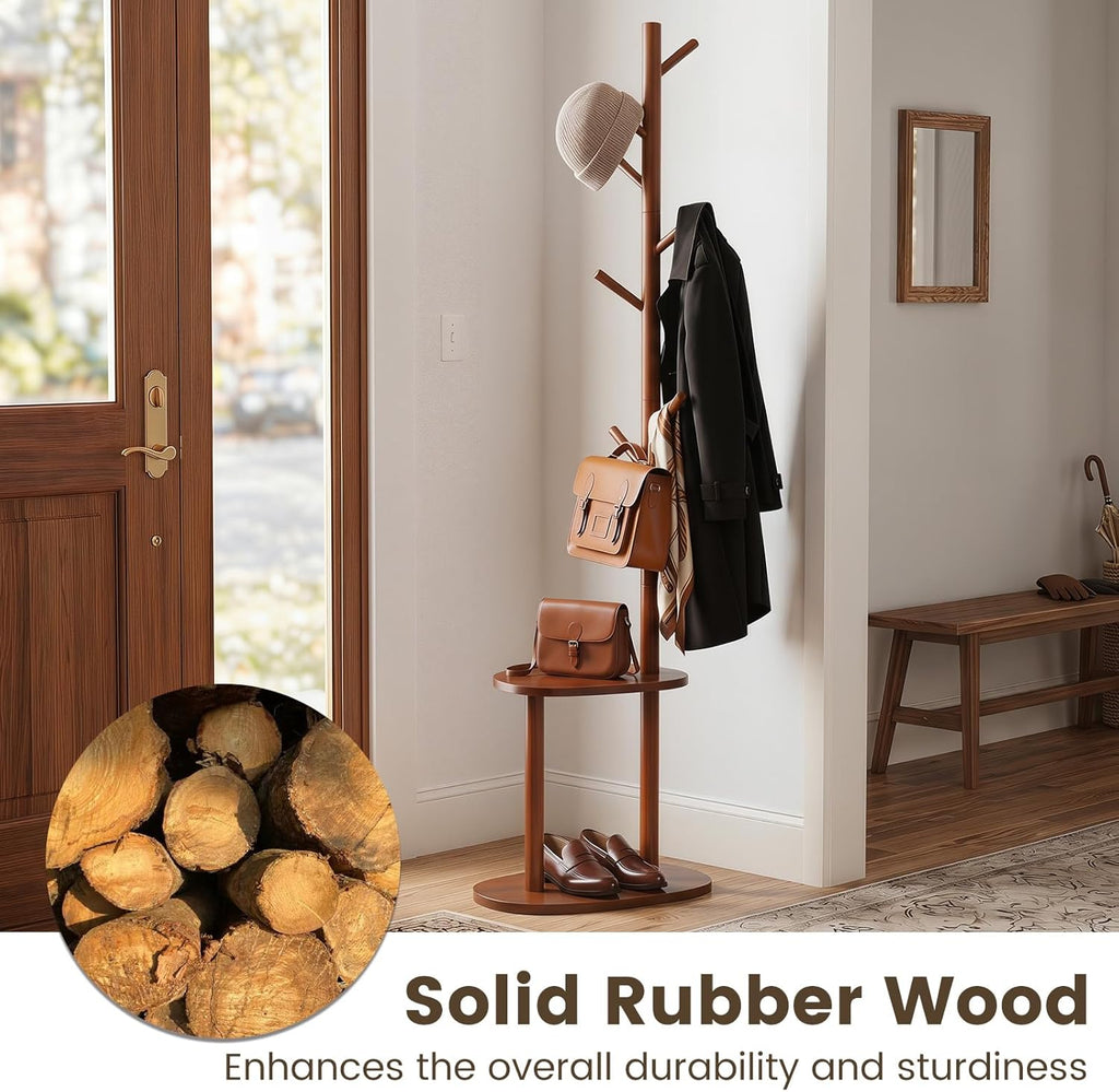 Giantex Coat Rack Freestanding, 70" Solid Wood Clothing Rack with 8 Hooks and 2 Storage Shelves, Wooden Hall Tree for Coats, Hats & Bags, Tall Coat Hanger Stand for Entryway, Living Room, Bedroom
