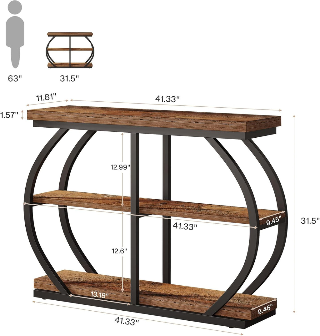 Tribesigns 41.3" Console Table, Industrial 3-Tier Entryway Table with Arched Metal Frame and Storage Shelves for Living Room, Hallway, Mix Brown