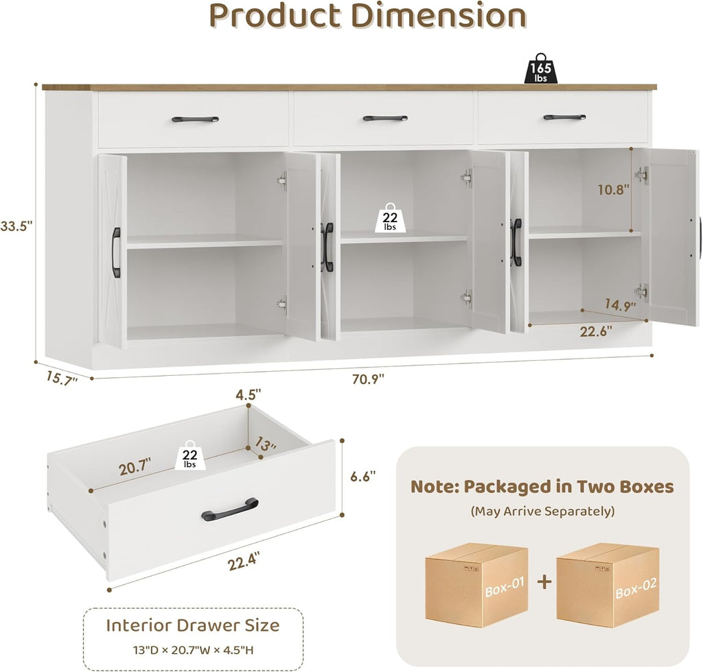 HOSTACK 71" Large Sideboard Buffet Cabinet with Storage, Farmhouse Coffee Bar Cabinet with 3 Drawers, Long Kitchen Buffet Table, Kitchen Sideboard Storage Cabinet for Dining Room, Living Room, White