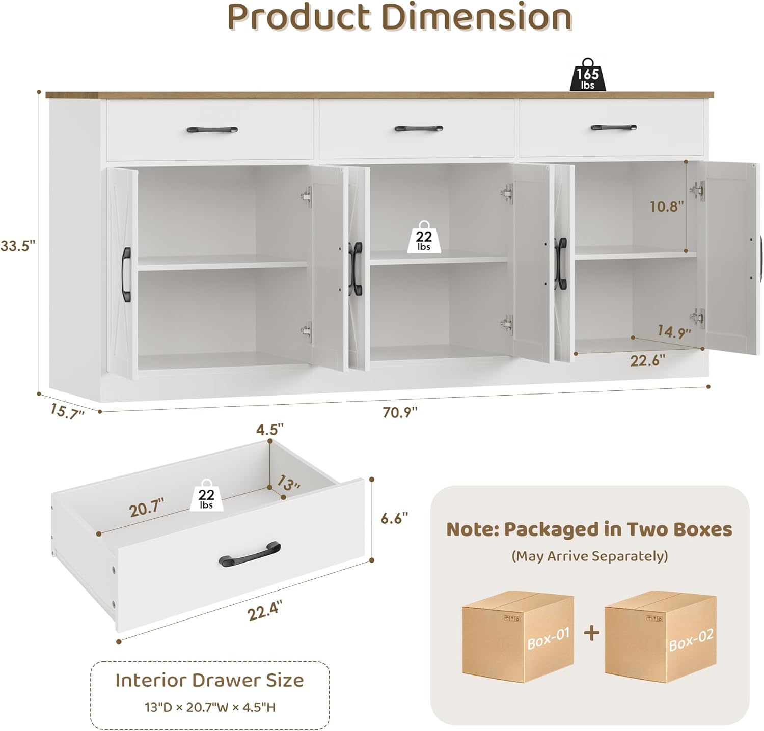 HOSTACK 71" Large Sideboard Buffet Cabinet with Storage, Farmhouse Coffee Bar Cabinet with 3 Drawers, Long Kitchen Buffet Table, Kitchen Sideboard Storage Cabinet for Dining Room, Living Room, White