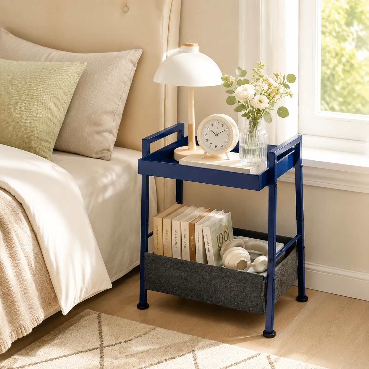 Small End Table with Fabric Storage Basket, 2-Tier Modern Metal Side Table with Tray Top, Unique Side Tables, Cute Coffee Table for Living Room, Bedroom, and Small Spaces, Navy Blue