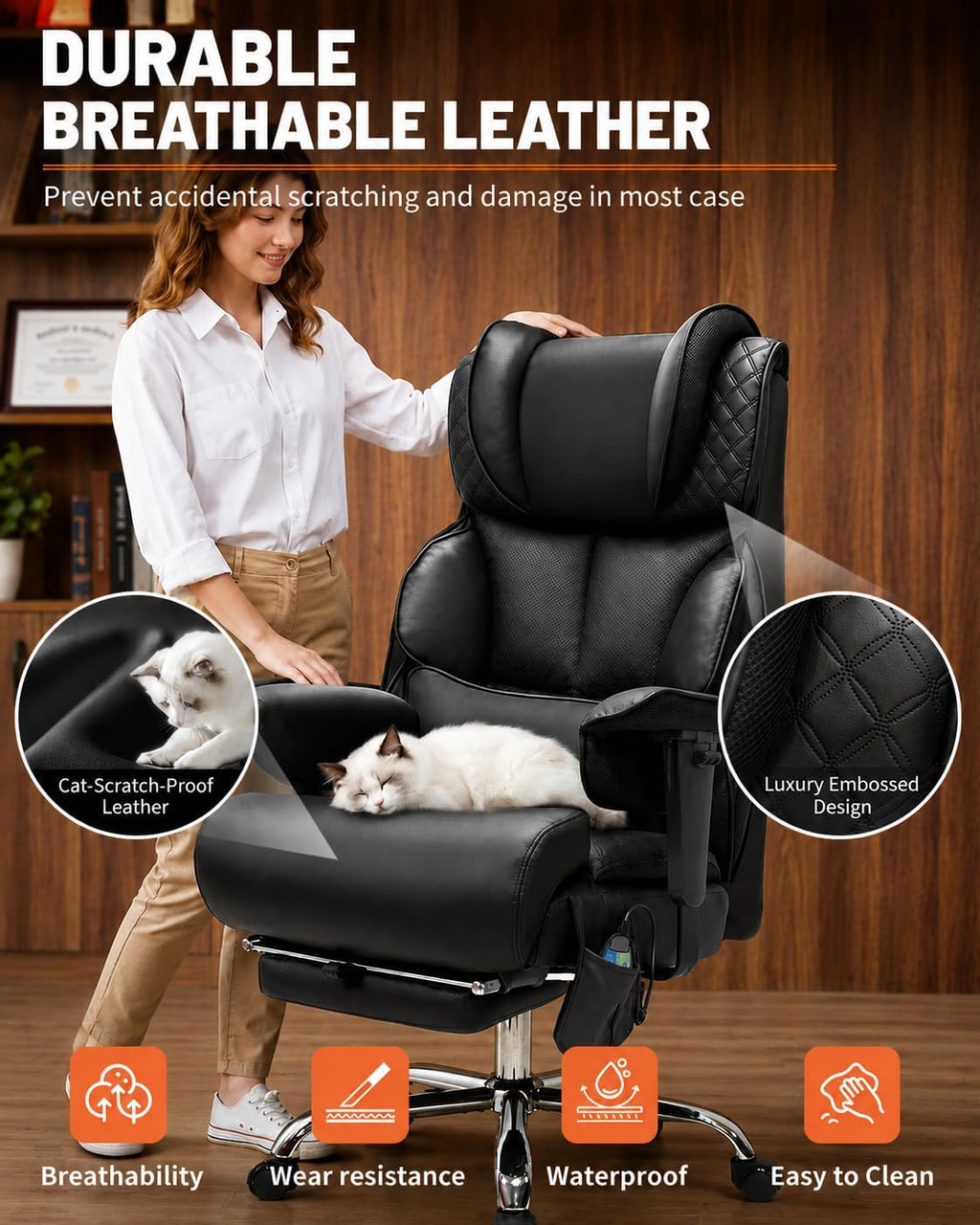 6 Points Massage Big and Tall Office Chair with Foot Rest, 500LBS Heavy Duty Desk Chair with Adjustable Lift Armrests, Ergonomic Computer Chair for Home Office, Gaming & Study，Black