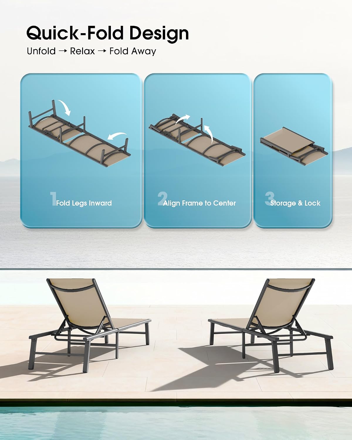 Ciokea Foldable Outdoor Lounge Chair Set of 2, No Assembly Aluminum Chaise Lounge Outdoor with 5 Adjustable Positions, Pool Lounge Chairs with Portable Design for Pool, Deck, Beach, Patio (Khaki)