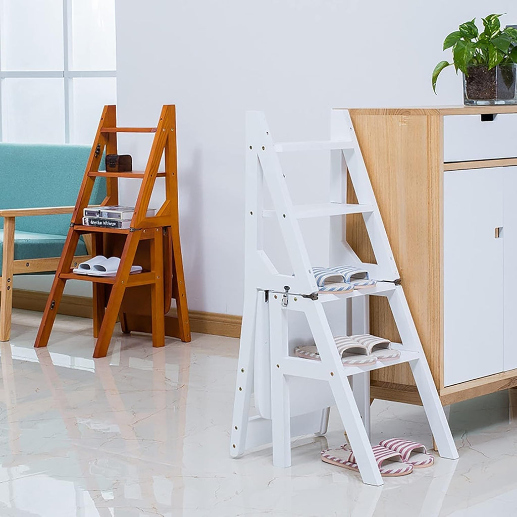 Solid Wood Folding Ladder Chair 4Step Library Ladder Convertible Step Stool Display Stand for Adults(Walnut)