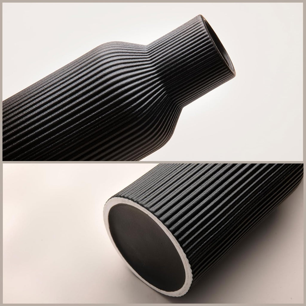 Black Ceramic Flower Vases Set of 3, Modern Matte Vertical Ribbed, Nordic Minimalist Decor for Pampas Grass, Dried & Fresh Flowers, Centerpiece for Living Room, Shelf, Entryway, Wedding