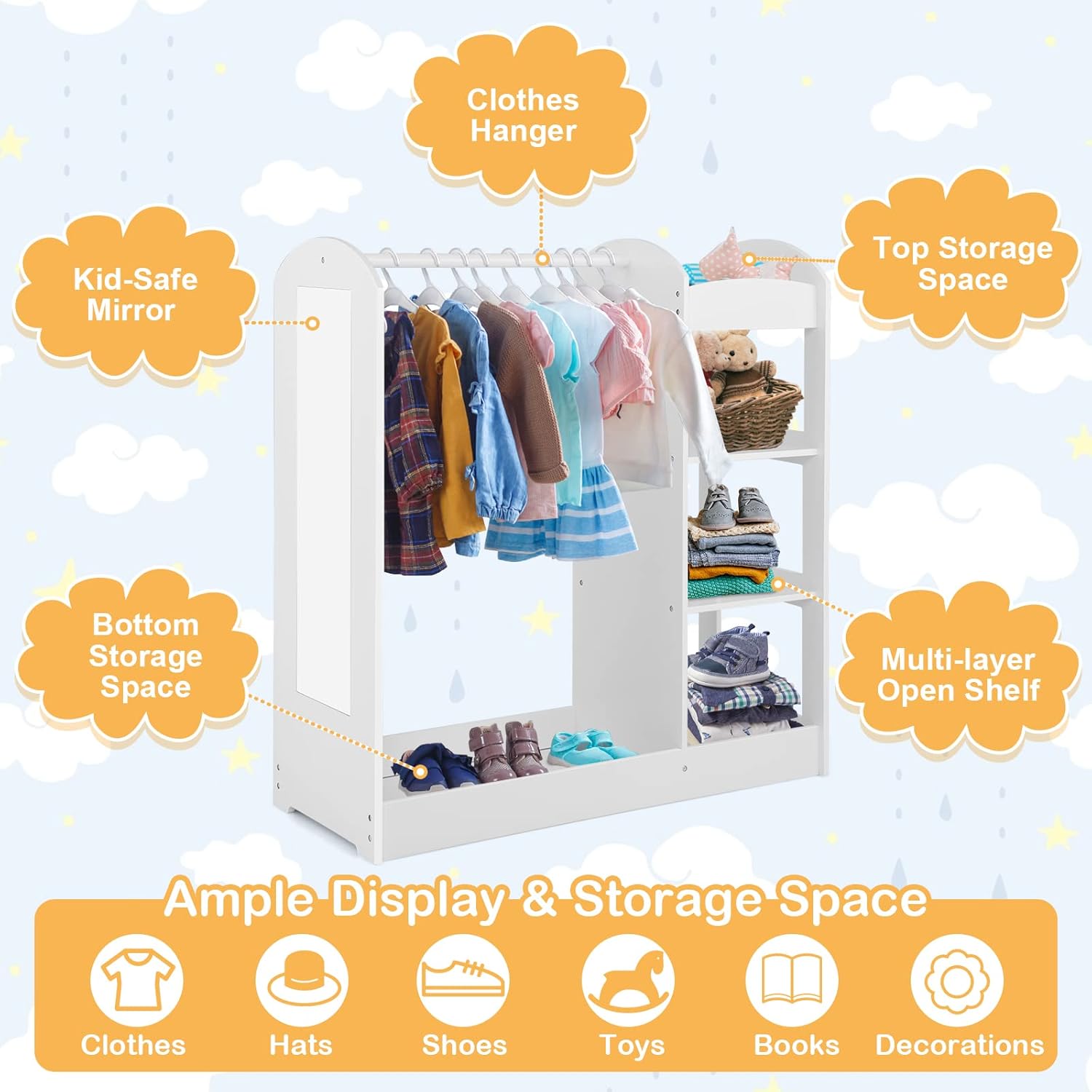Costzon Kids Dress up Storage with Mirror, Clothes Rack, 3-Tier Shelves, Bottom Tray, Pretend Play Costume Dresser Organizer Center, Open Hanging Armoire Closet for Little Girls (White)