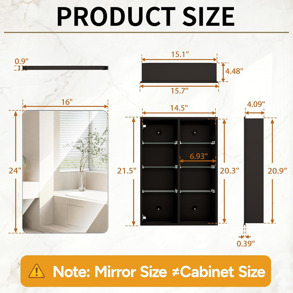 16x24 Medicine Cabinet with Mirror, Aluminum Bathroom Wall Organizer, Pre-Assembled, Center Partition for Tall Bottles, 6 Adjustable Shelves, Soft-Close, Recessed/Surface Mount, Matte Black