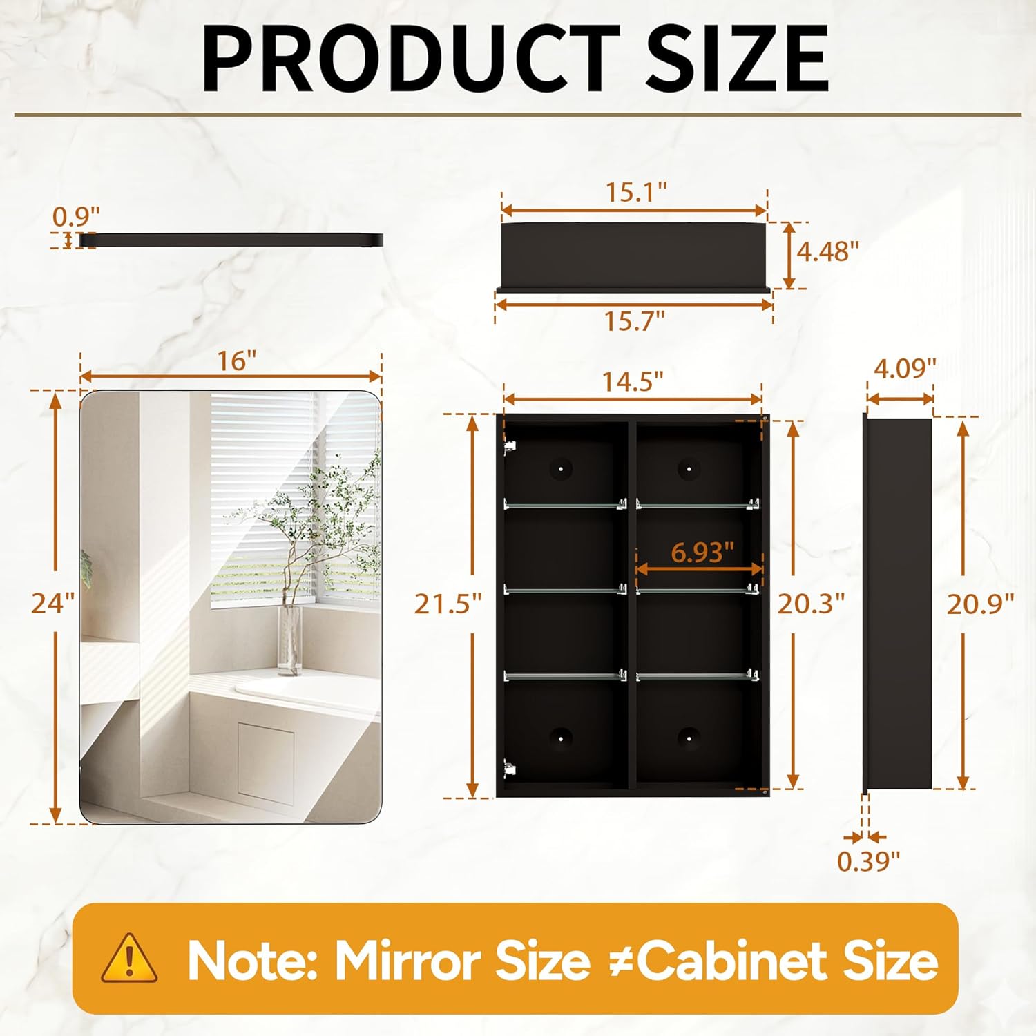 16x24 Medicine Cabinet with Mirror, Aluminum Bathroom Wall Organizer, Pre-Assembled, Center Partition for Tall Bottles, 6 Adjustable Shelves, Soft-Close, Recessed/Surface Mount, Matte Black