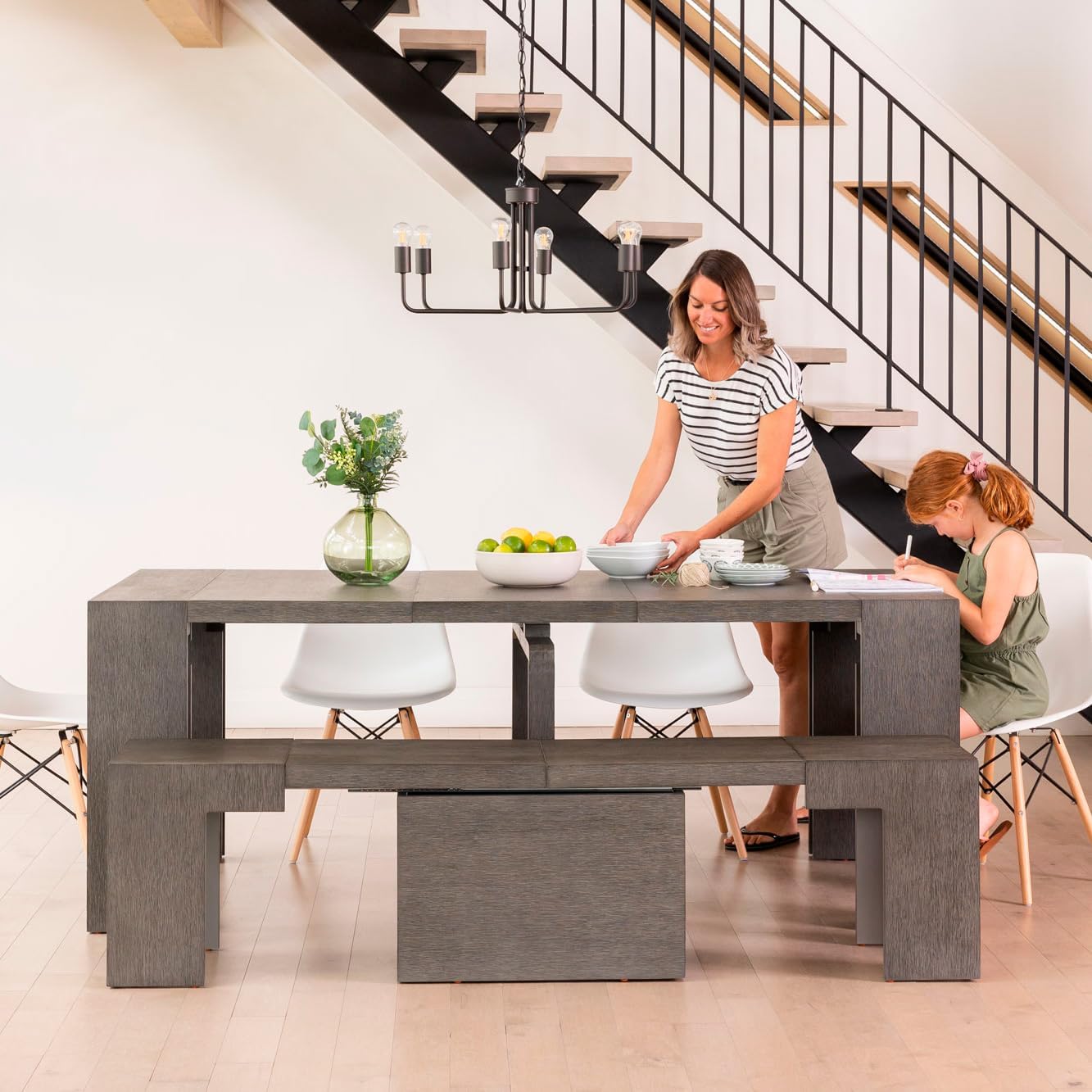 Transformer Table - Extendable Dining Bench, Solid Wood Expandable Seating 1–6, Multifunctional Dining Bench with Integrated Storage, Modern Farmhouse Wood Bench, Dark Grey