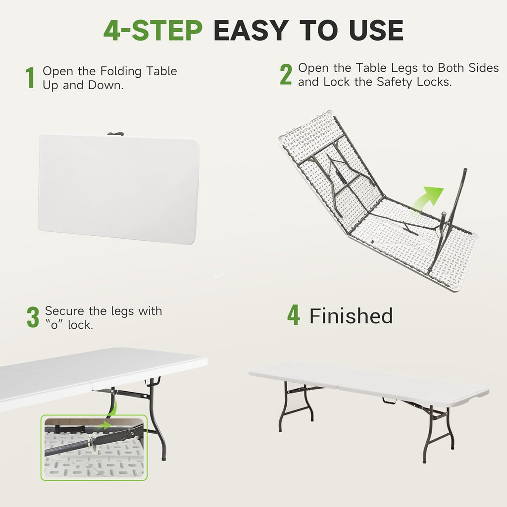 Folding Table 8 Foot - Heavy Duty 660LBS Capacity, Sturdy & Foldable Design with Safety Lock - Portable Tables Folding for Camping, Party, Indoor & Outdoor Use, 2 Pack