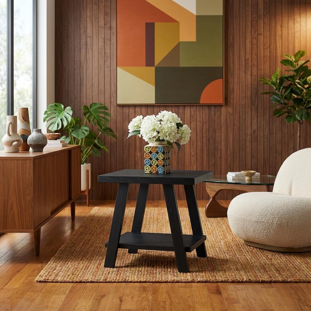 Furnifact Black, End Side Table, MDF Construction, Open Shelf, Durable Home Design, Warm Stylish Finish, Quality Build for Home