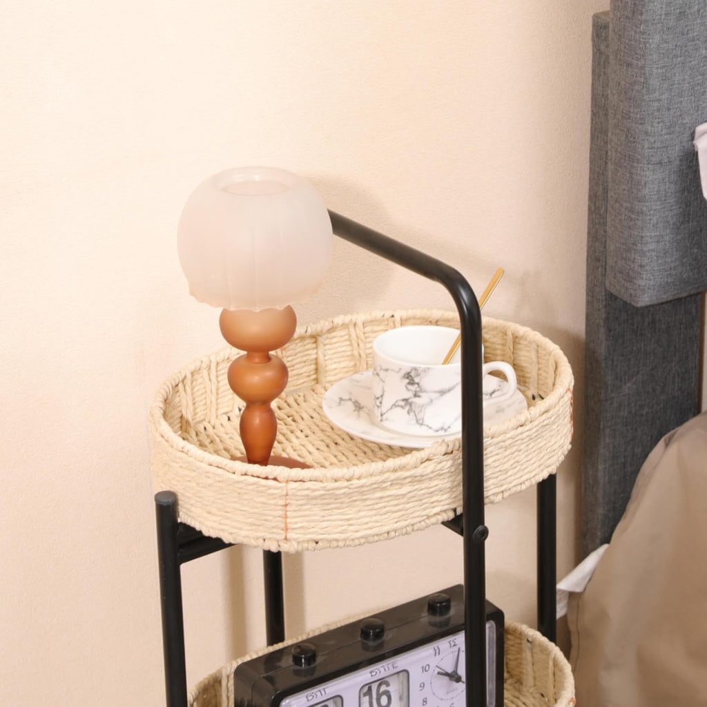 Handwoven Paper Rope Side Table, 3 Tier Oval Storage Shelf, Removable Basket Stand, Metal Frame End Accent Organizer for Kitchen Living Room Bedroom Balcony Picnic Snacks Plants Decor (Natural)