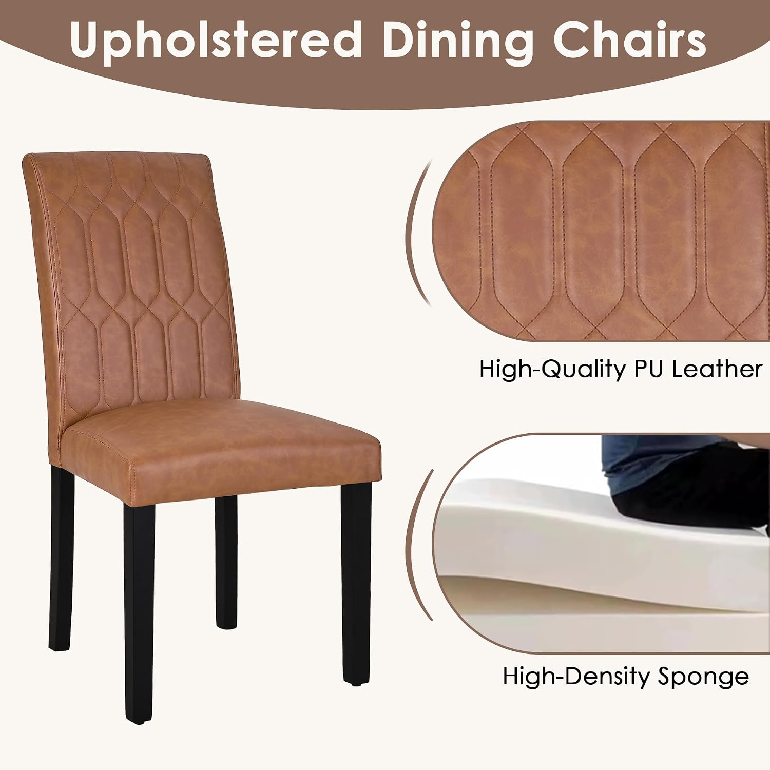 VECELO Upholstered Dining Chairs Set of 2, Modern PU Leather Accent Parsons, Solid Wood Legs w/Rubber Footpads, for Living Room Kitchen, Brown
