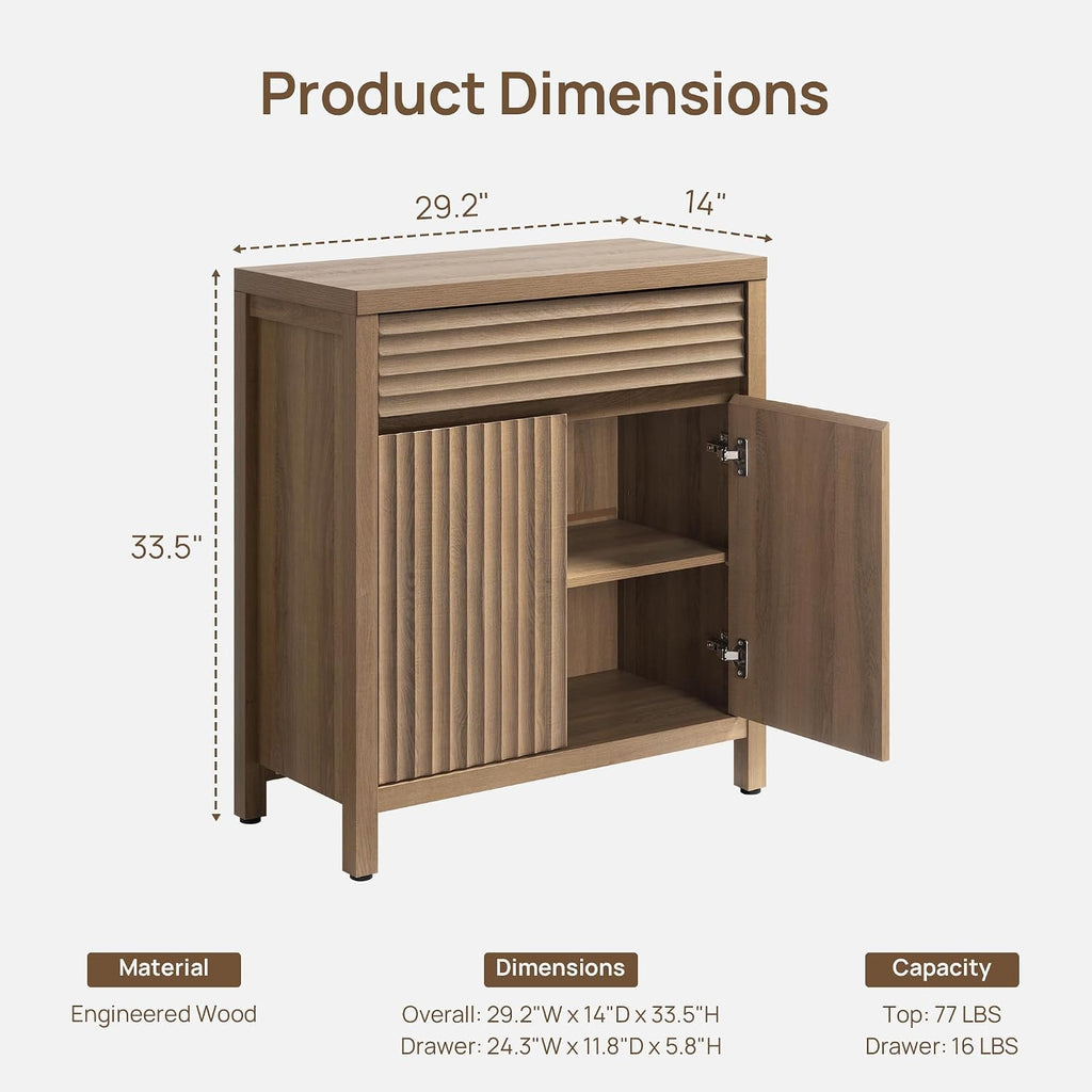 SICOTAS 29" Fluted Buffet Cabinet with Storage, Modern Sideboard Cabinet with Drawer & Adjustable Shelves, Premium Credenza for Kitchen & Living Room, Reclaimed Caramel Oak