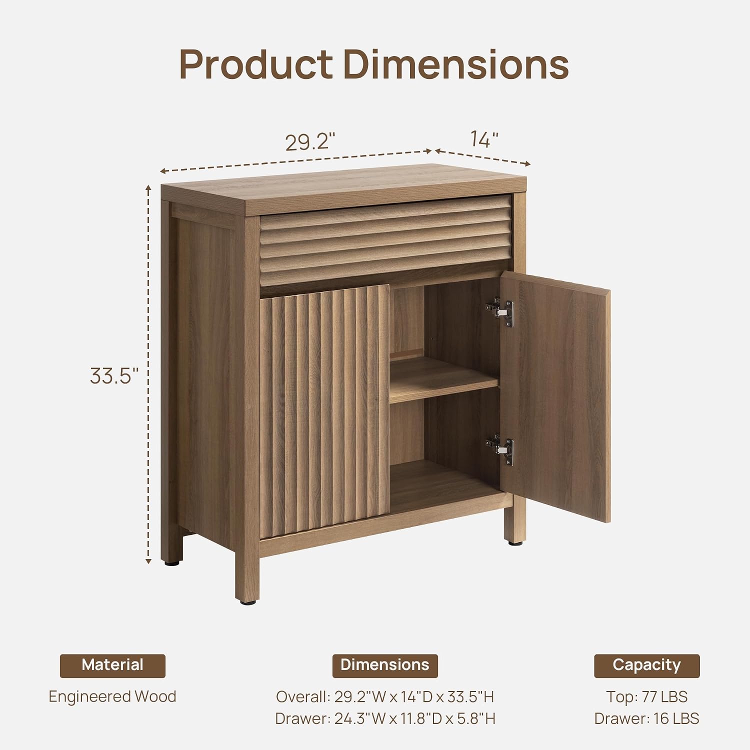 SICOTAS 29" Fluted Buffet Cabinet with Storage, Modern Sideboard Cabinet with Drawer & Adjustable Shelves, Premium Credenza for Kitchen & Living Room, Reclaimed Caramel Oak