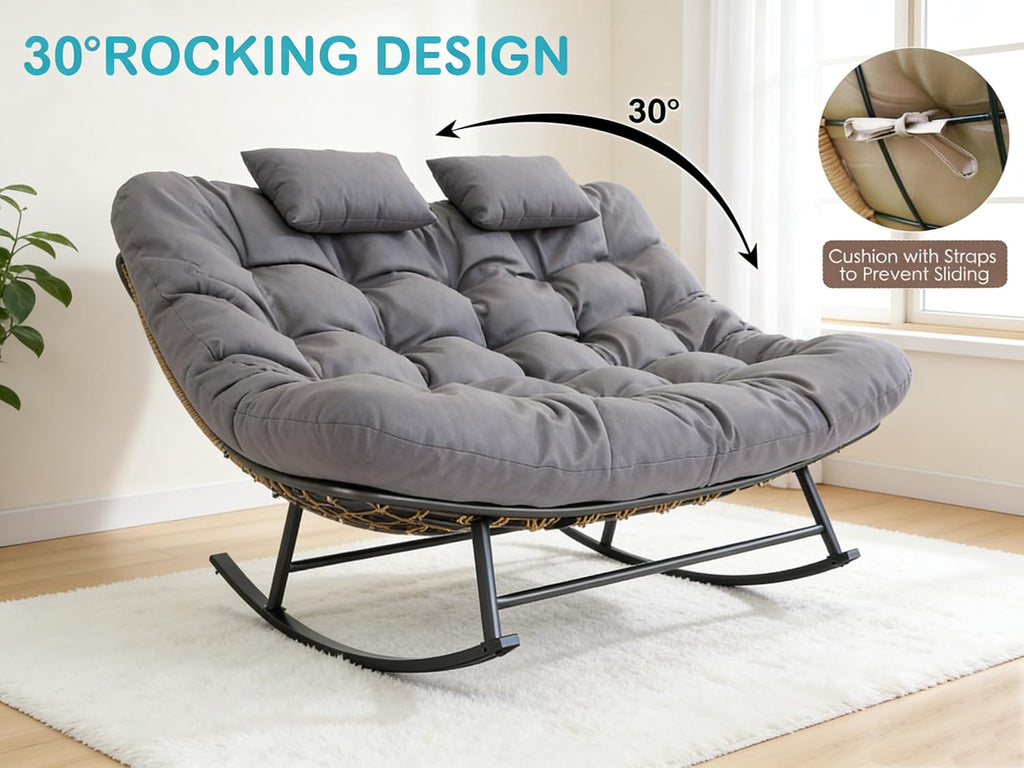 ROCSUMOO Outdoor Double Rocking Chair, Upgraded Patio Rocking Papasan Chair, Oversized Rocking Papasan Chair with Thick Water-Repellent Fabric Cushion, Comfy Rocking Chair 600 lbs (Grey)