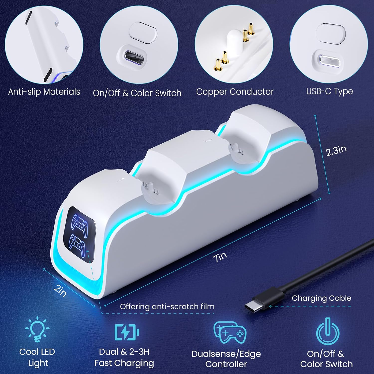 PS5 Controller Charger,PS5 Charging Dock for Dualsense Edge with 6 LED & RGB Breathing Mode,Overcharge Protection Controller Charging PlayStation 4 Accessories Cooling System 5V/2A Adapter Cable