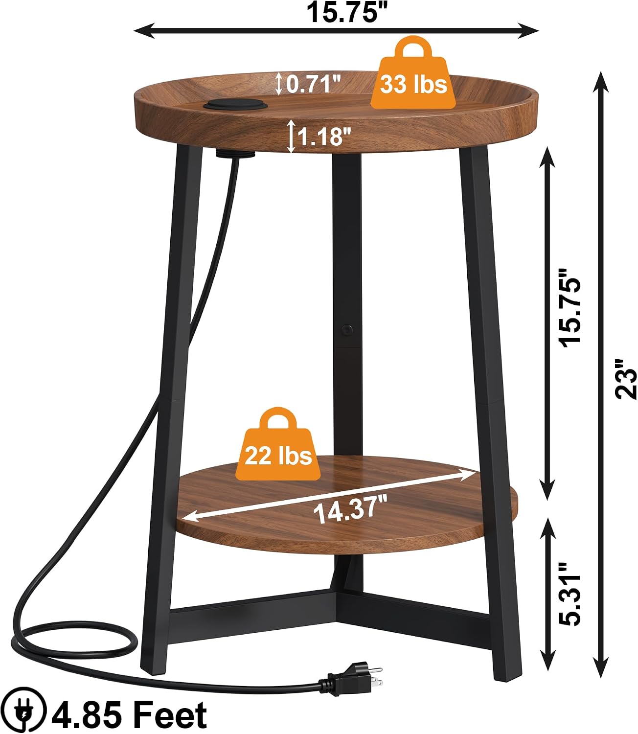 2-Tier Round End Table with Charging Station and Industrial Sofa Side Table,Raised Tabletop with Triangular Metal Frame for Small Spaces, Living Room, Bedroom,Cherry