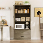 IDEALHOUSE Kitchen Pantry Cabinet, Freestanding Tall Hutch with Barn Doors, Drawer and 2 Adjustable Shelves for Dining Room, Kitchen, Grey