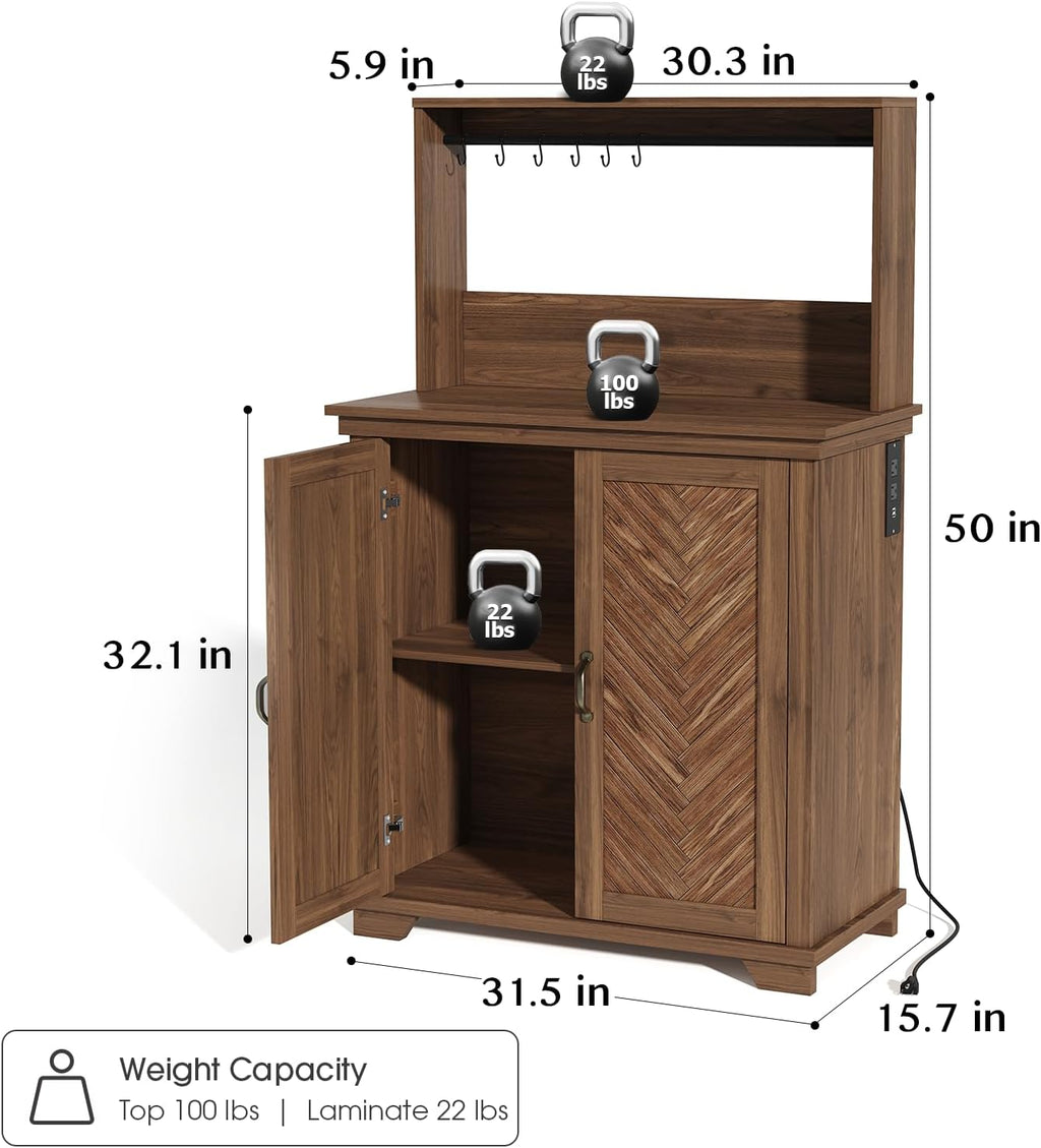 JOINICE Farmhouse Coffee Bar Cabinet with Storage,31.5" Kitchen Cabinet with Hooks and Charging Station,Coffee Station with Adjustable Shelf and Hutch,Sideboard for Living Dining Room