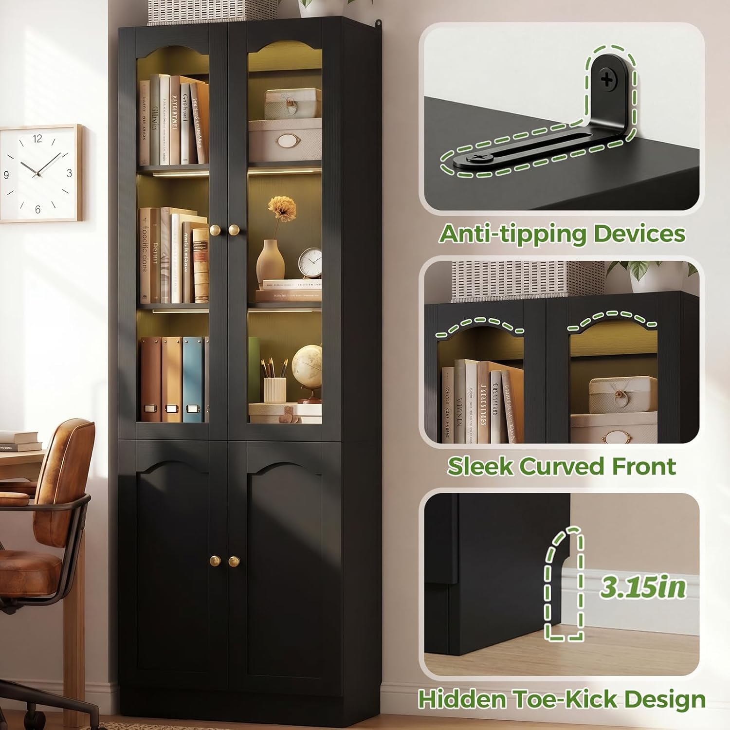 Cyclysio 80" Tall Pantry Cabinet with Arched Glass Doors and Lower Storage Cabinet, 2 Set Black Kitchen Pantry Storage Cabinet with Interior Motion Sensor Light, Adjustable Shelf, Baseboard Cutout