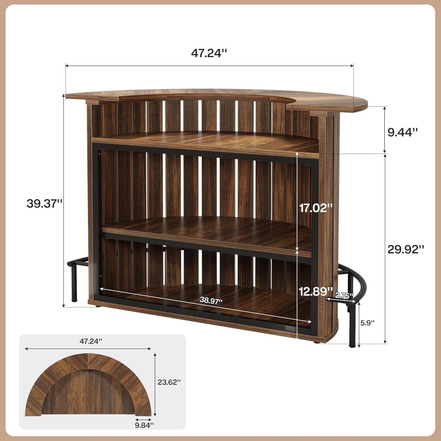 Tribesigns 4-Tier Bar Table, 47.24" Mini Home Bar Table with Footrest, Arc-Shaped Modern Bar Cabinet for Home, Living Room, Rustic Brown