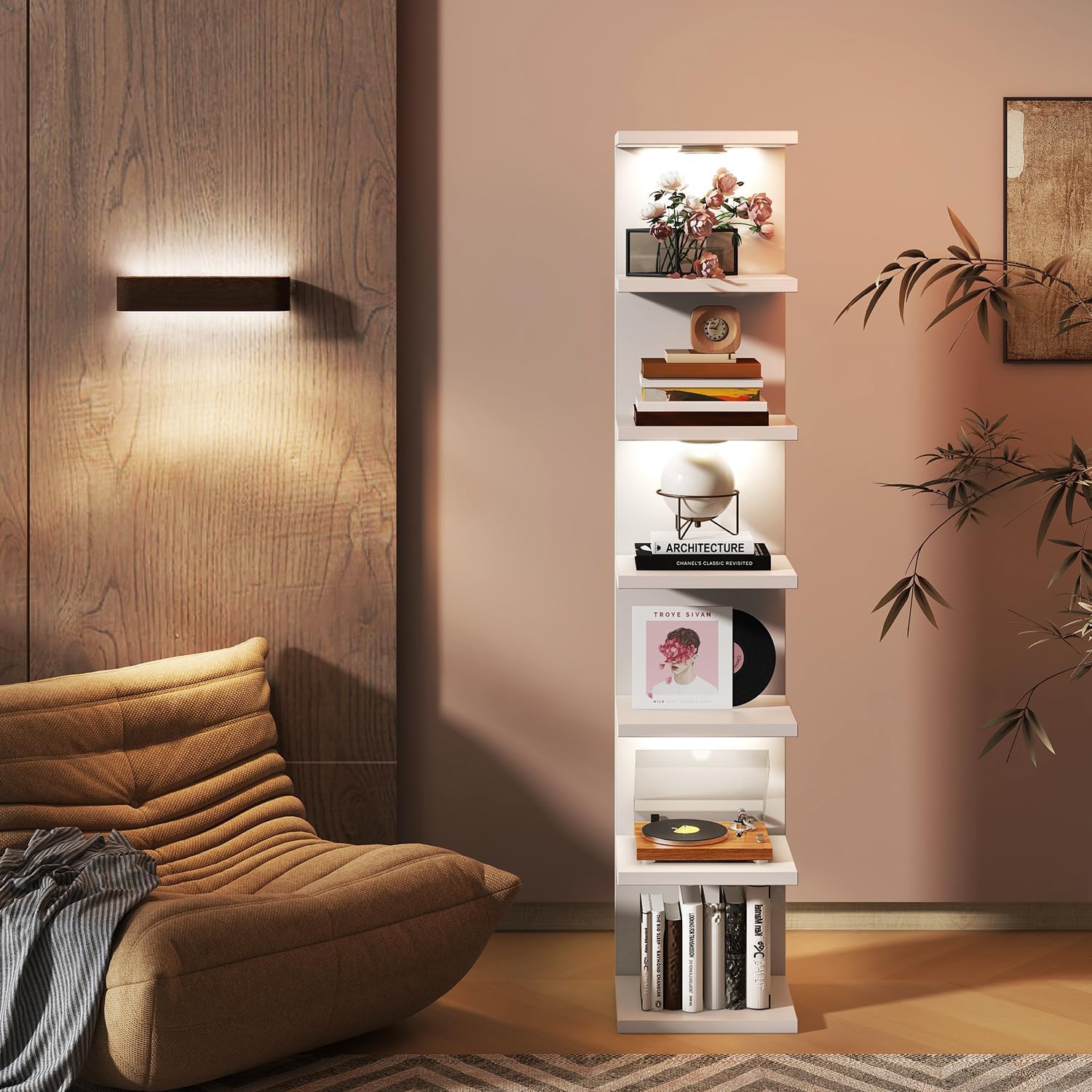 IBUYKE 7 Tier Wall Shelf Unit Floating Shelves with LED Lights,Lack Shelf for Wall Storage,Wall Mounted Vertical Display Shelf for Bedroom,Office,Bathroom White WBC017W