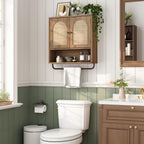 RUSTOWN Rattan Bathroom Wall Cabinet, Boho Medicine Cabinet with 2 Arched Doors, Farmhouse Over the Toilet Storage Cabinets with Adjustable Shelves & Towel Bar, 3-Tier Wall Mounted Cabinets