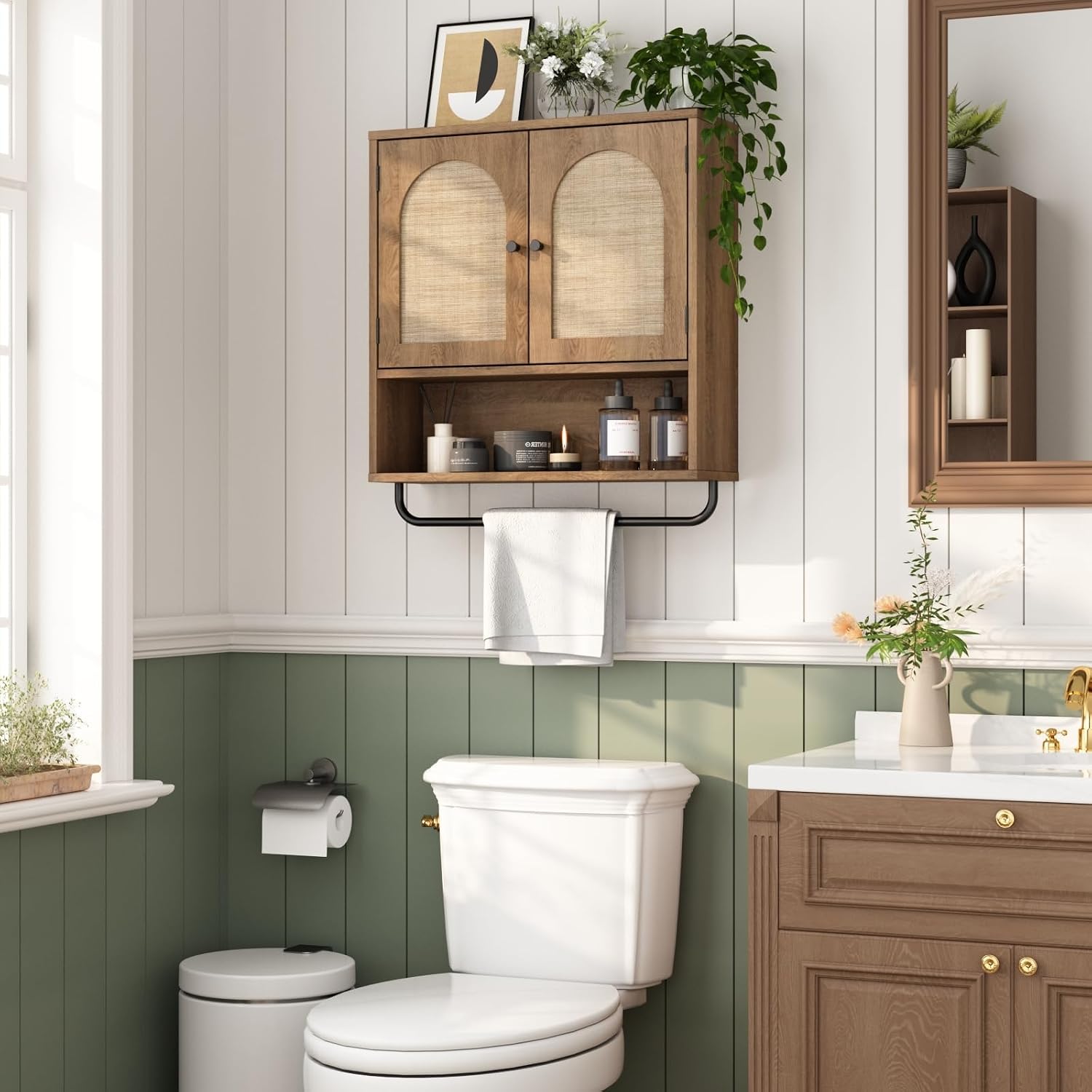 RUSTOWN Rattan Bathroom Wall Cabinet, Boho Medicine Cabinet with 2 Arched Doors, Farmhouse Over the Toilet Storage Cabinets with Adjustable Shelves & Towel Bar, 3-Tier Wall Mounted Cabinets