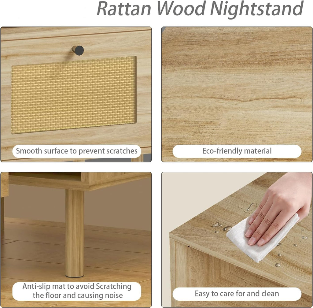 Rattan Night Stand with Drawers, Rattan Natural Oak Night Stand, Boho Nightstand, End Table with Drawer and Storage, Farmhouse Night Stands, Wooden Nightstand for Bedroom, Living Room,Office