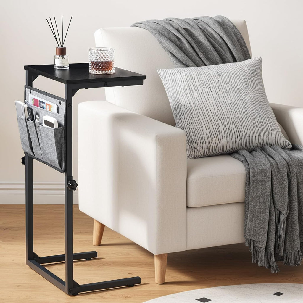HOOBRO End Table, C Shaped Side Table with Storage Shelf, Small C Table for Couch, Adjustable Height Side Table for Small Spaces, 29.5'' Tall Couch Table that Slide Under BK29SF01-BB77SF01