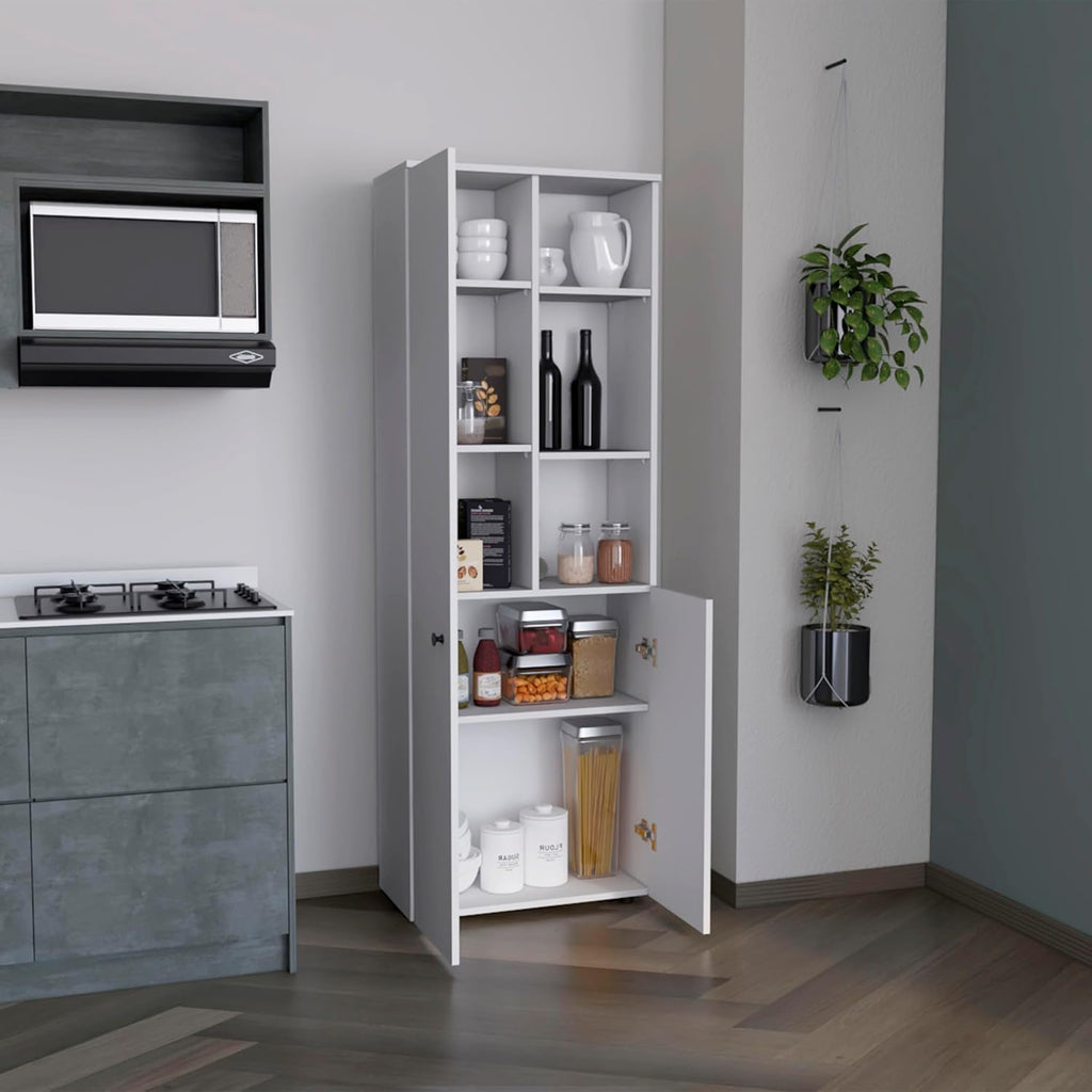 Riner 67" Tall Slim Pantry Organizer with 8 Shelves, 2 Doors & Modern Style - White