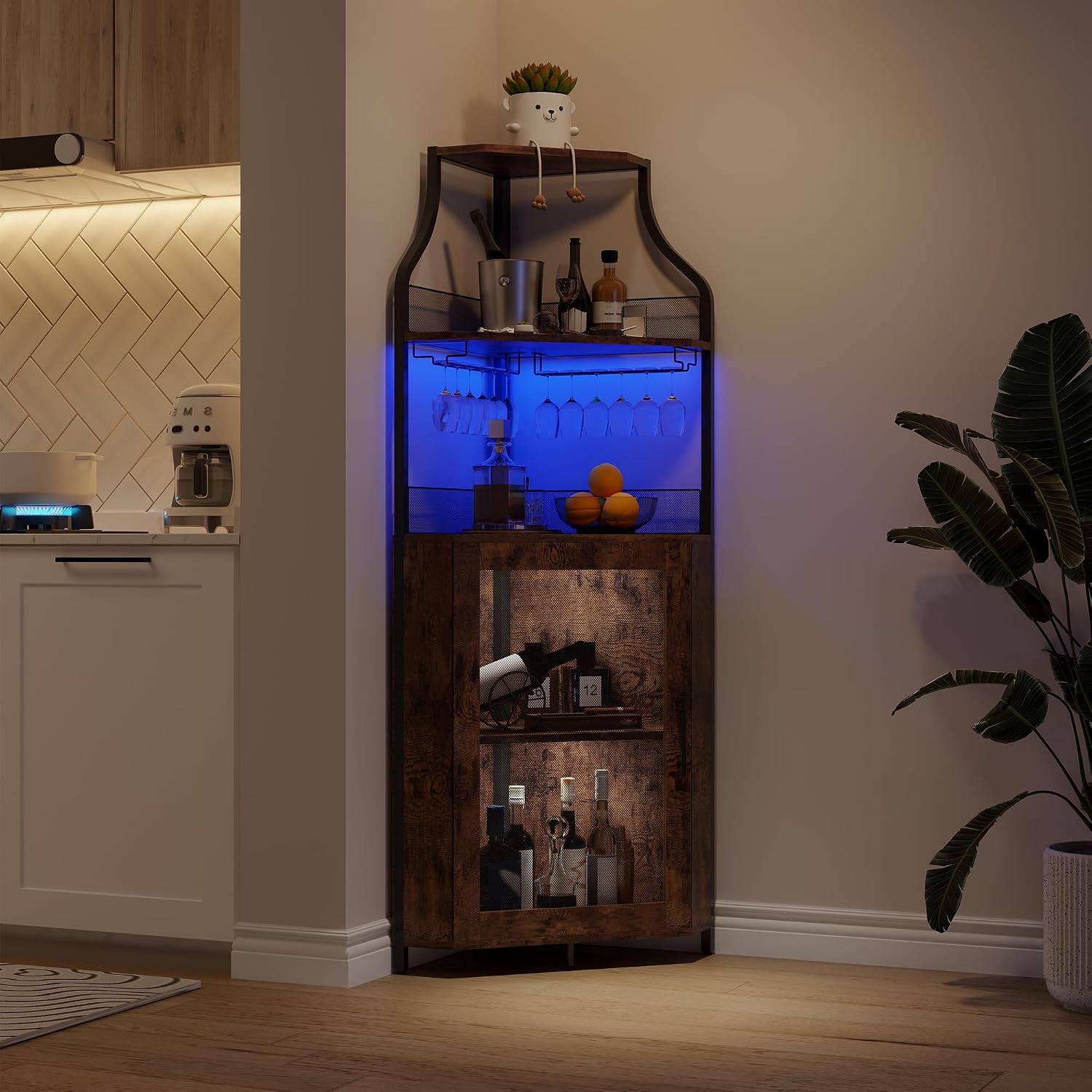 Garvee Corner Wine Rack Cabinet for Liquor Cabinet with Adjustable Shelves, 61 in Industrial Tall Bar Cabinet Freestanding with Mesh Door and Glass Holder for Kitchen, Rustic Brown