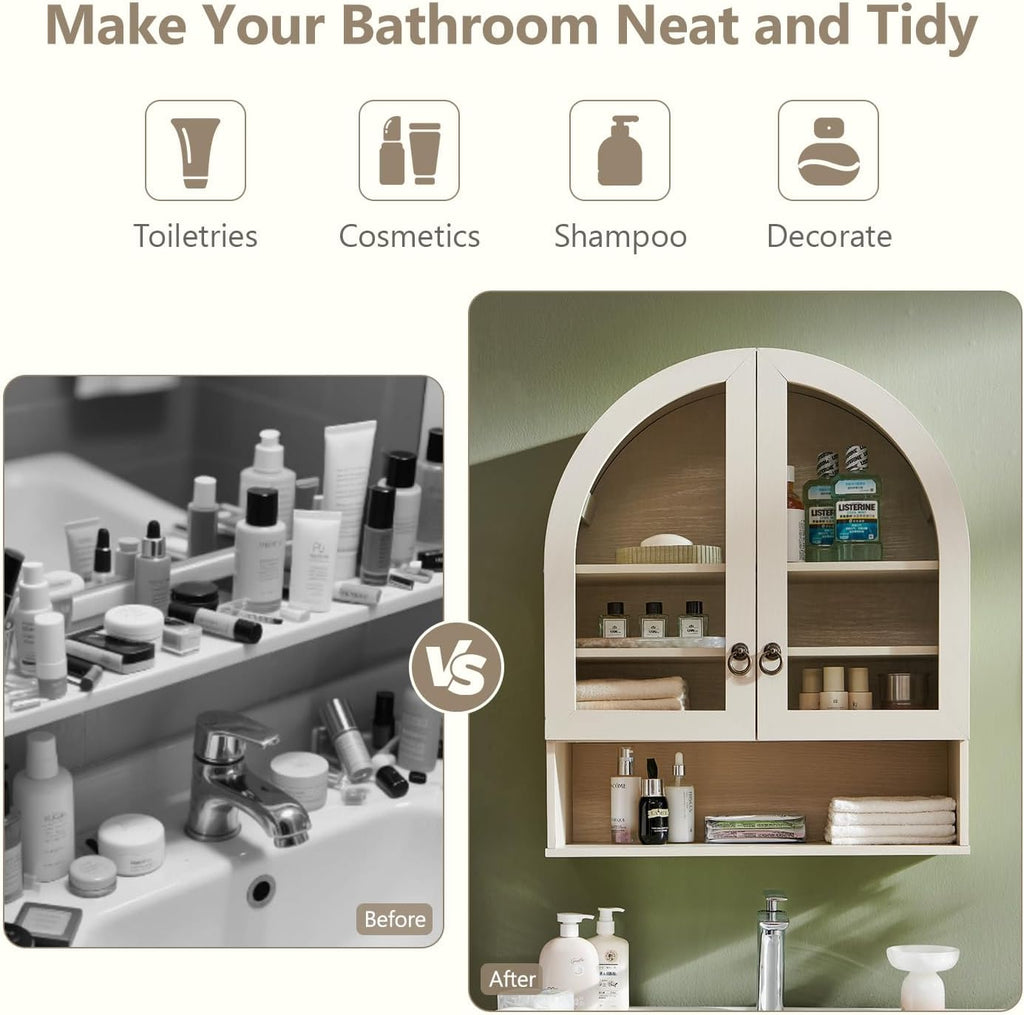 IFGET Bathroom Arched Wall Cabinet, 23.6'' Wide Medicine Cabinet with Adjustable Shelves & Acrylic Glass Doors, Over The Toilet Storage Wall Mount Cabinet for Laundry Room,Kitchen & Living Room, Cream