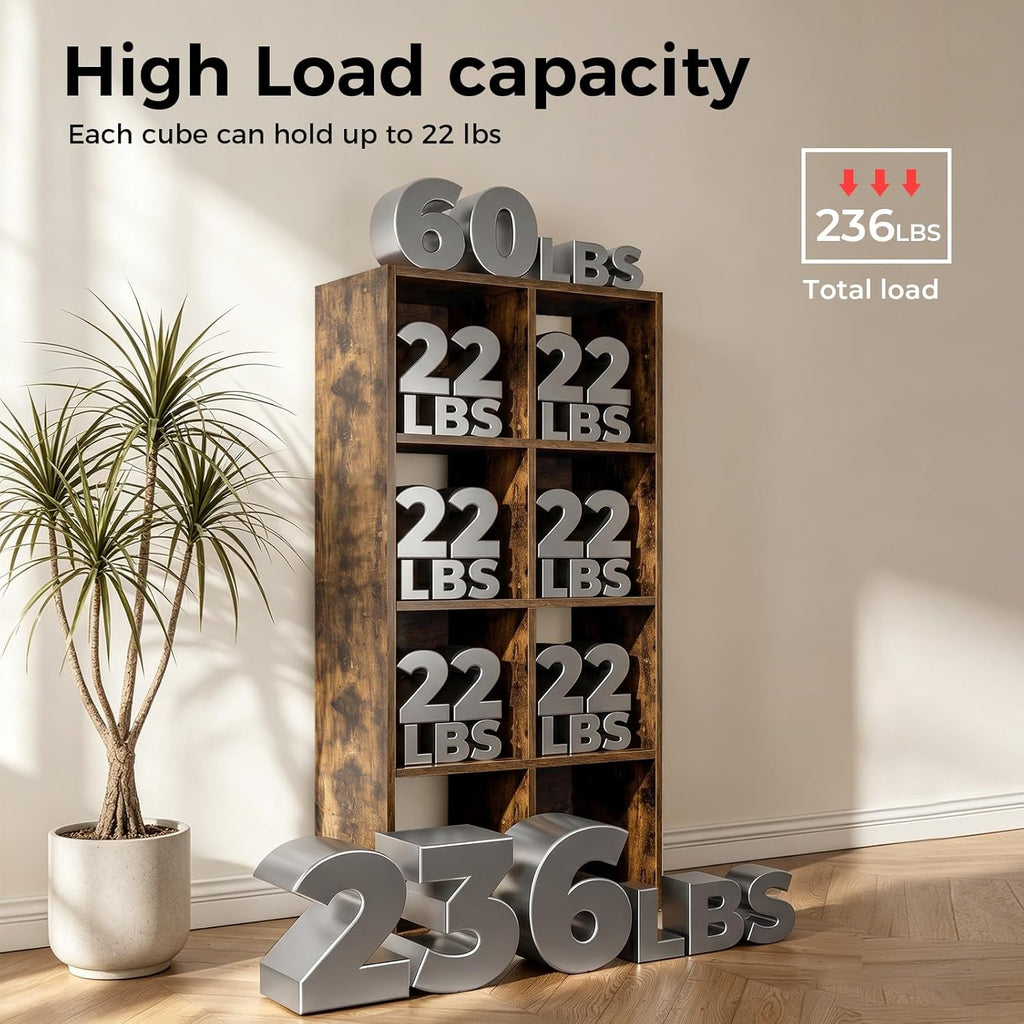 LUCKLIFE 8-Cube Storage Organizer, Stackable Modular Bookcase Shelf with Vertical or Horizontal Use, Fits 11×11" Bins, Optional Back Panels, for Living Room, Office Rustic Brown