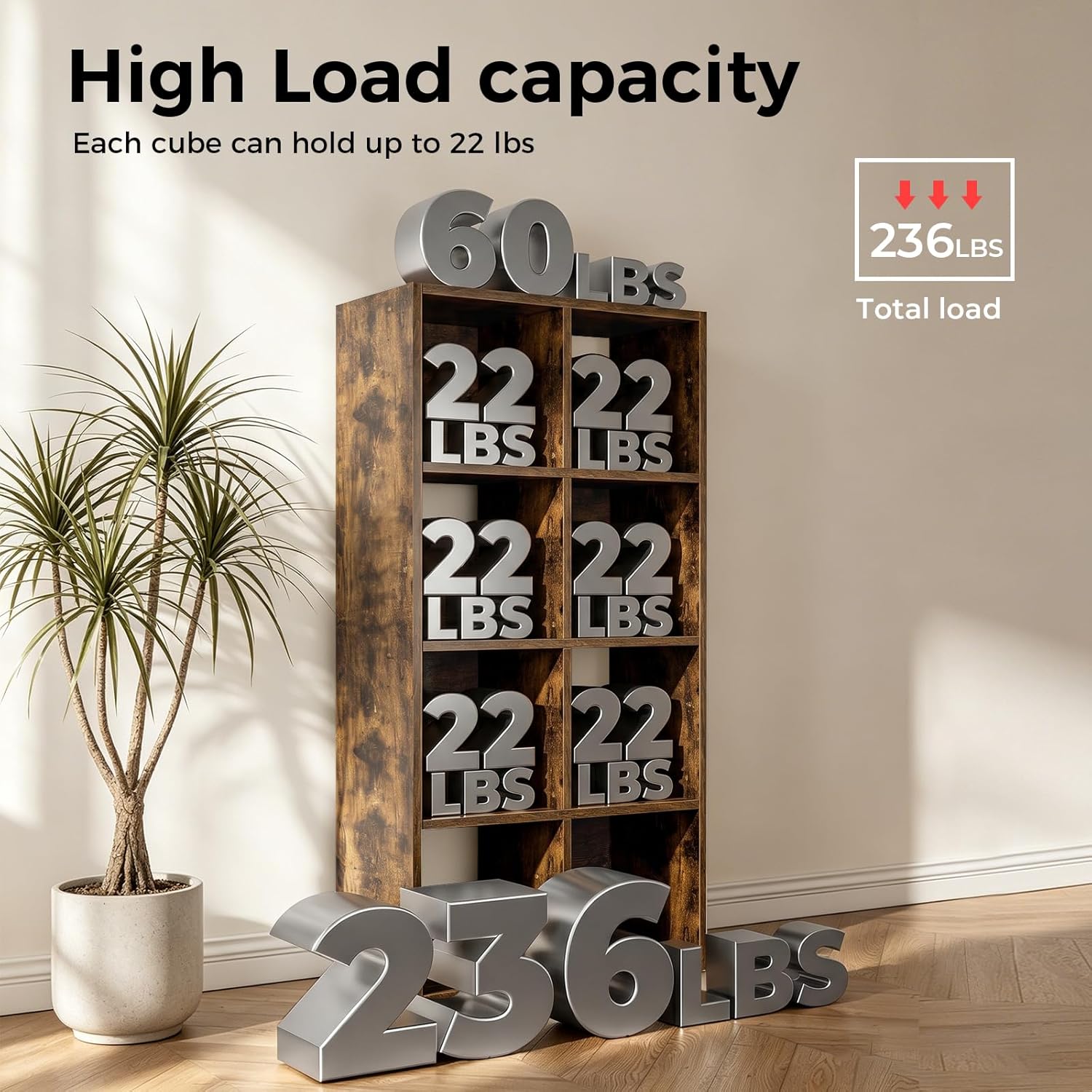 LUCKLIFE 8-Cube Storage Organizer, Stackable Modular Bookcase Shelf with Vertical or Horizontal Use, Fits 11×11" Bins, Optional Back Panels, for Living Room, Office Rustic Brown