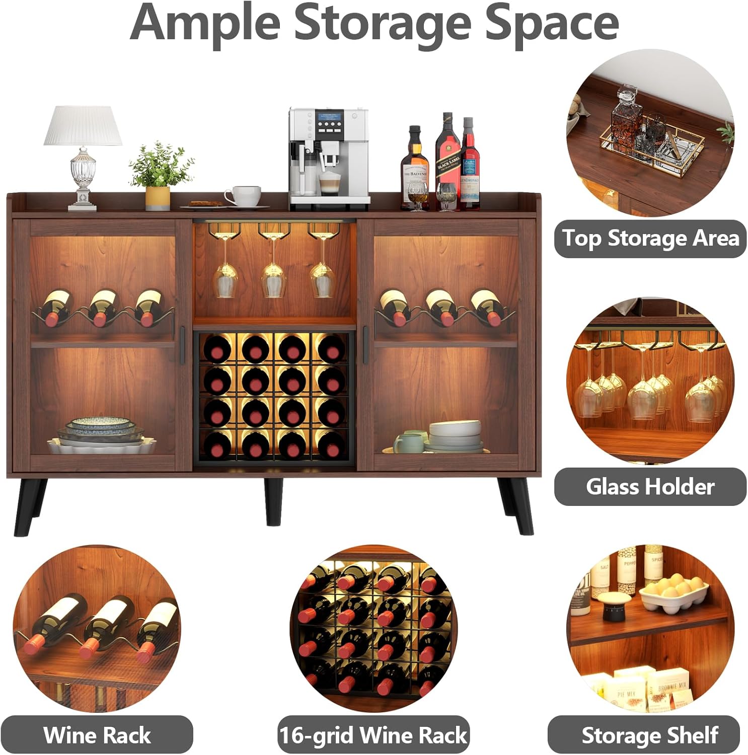 Loomie Wine Bar Cabinet with LED Light, Home Coffee Cabinet with Wine Rack and Glass Holder, Kitchen Buffet Sideboard W Storage Shelf, Freestanding Liquor Cabinet for Living Room, Dining Room (Walnut)
