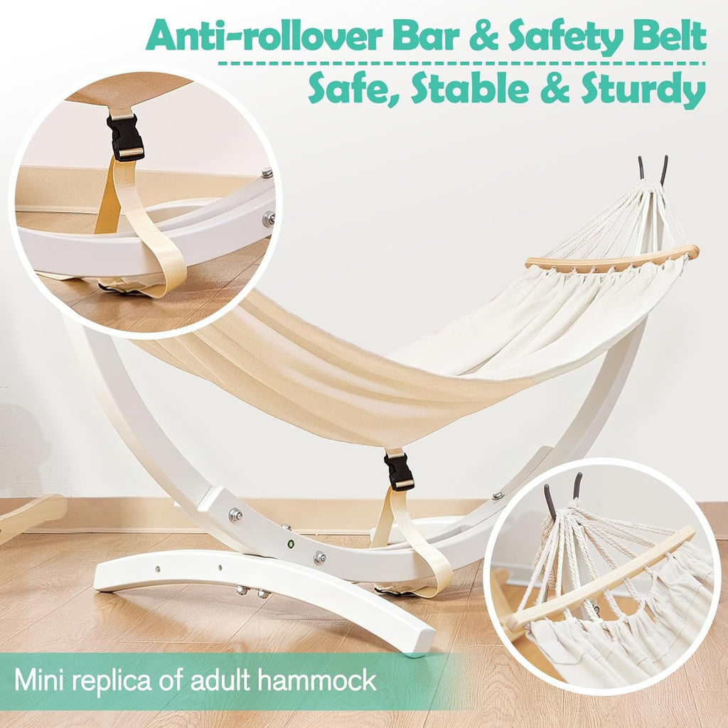 FUNLIO Wooden Hammock with Stand for Kids 3-5 Years (Height < 3.9ft/120cm), Premium Solid Wood Kids Hammock Chair Stand, Stable Structure, Wider & Longer Children Hammock, 220lbs Capacity - White