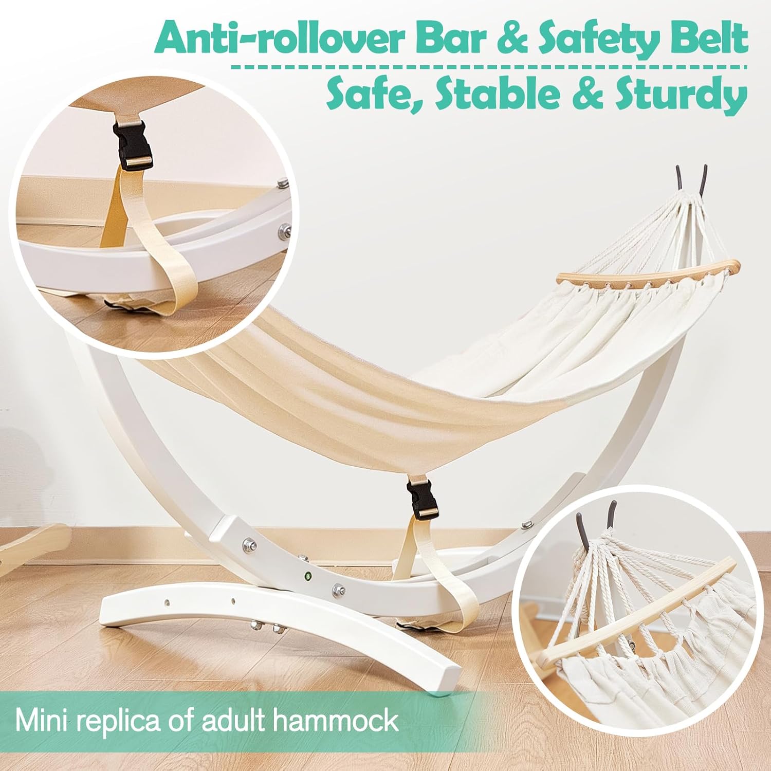 FUNLIO Wooden Hammock with Stand for Kids 3-5 Years (Height < 3.9ft/120cm), Premium Solid Wood Kids Hammock Chair Stand, Stable Structure, Wider & Longer Children Hammock, 220lbs Capacity - White